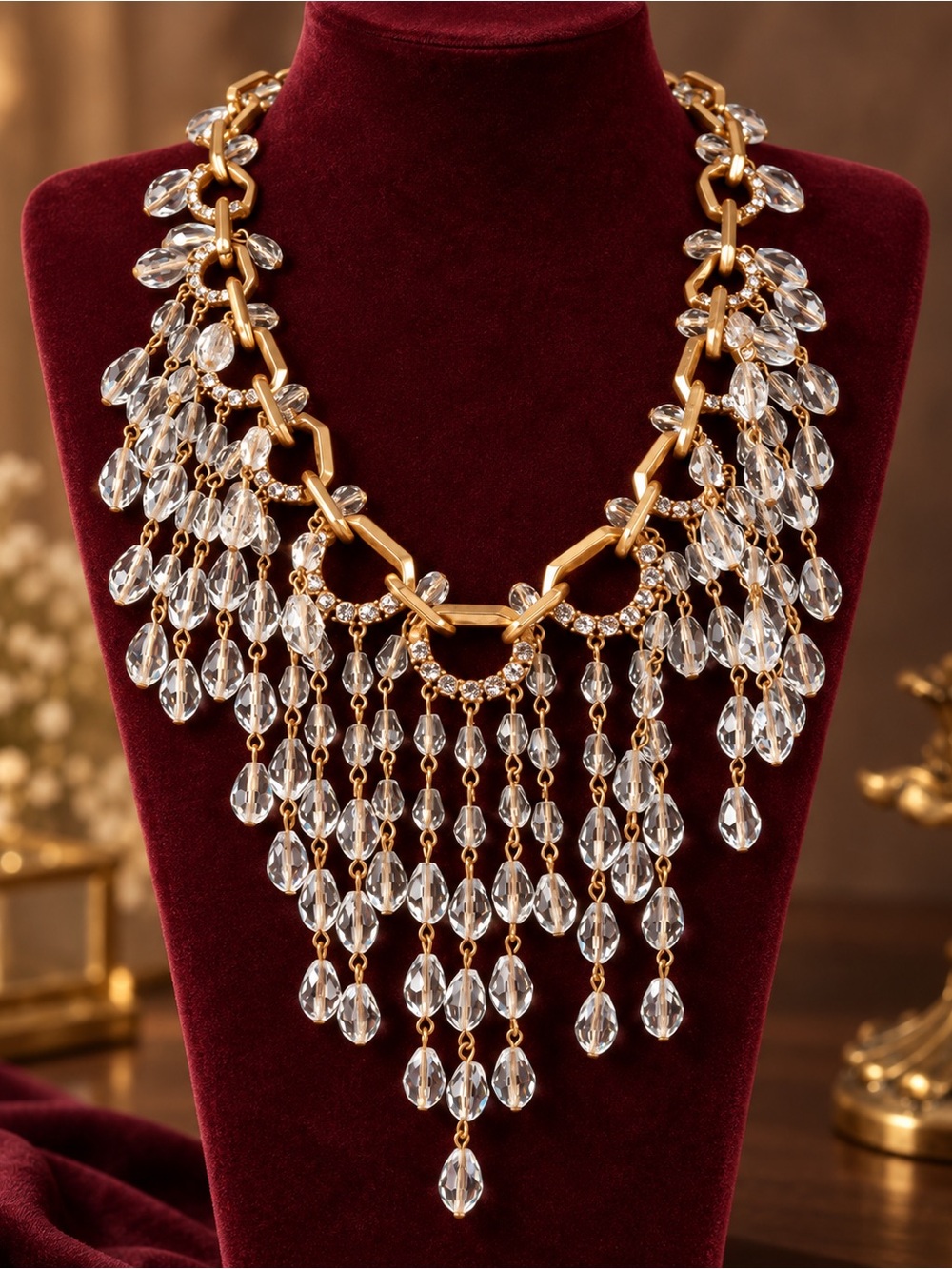Gold  Crystal Cascade Necklace Statement Luxury Jewelry
